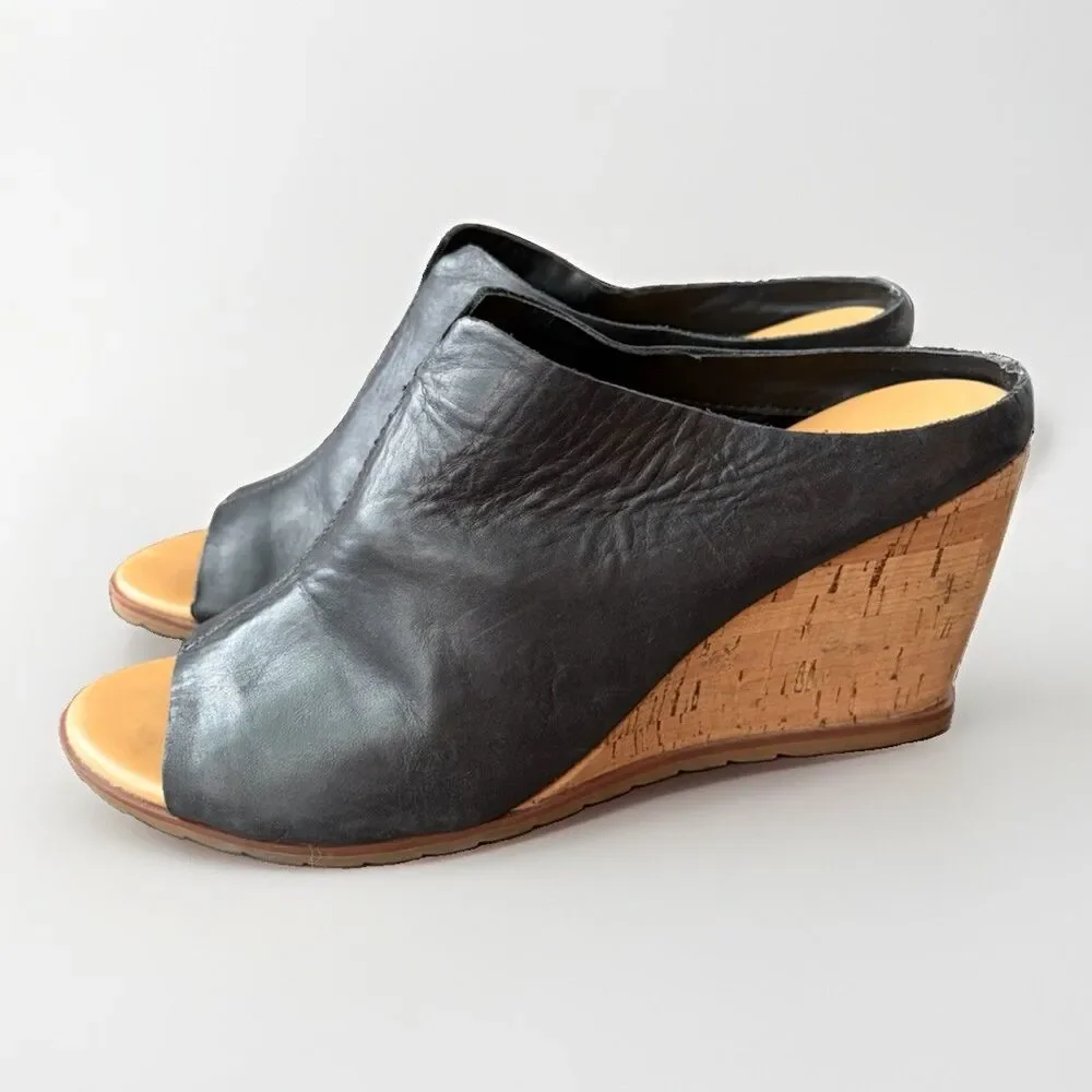 Korks Kork-Ease Womens Size 9 Black Leather Open Peep Toe Mule Heel Sandals Clog